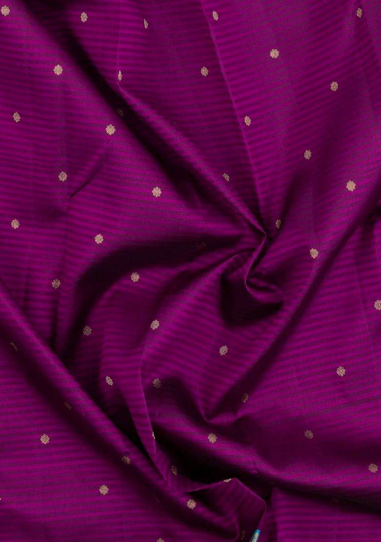 Dark Purple Handloom Korvai Kanchipuram Silk Saree With Stripes Buttas With Korvai And Temple Border Design For Women - Indya