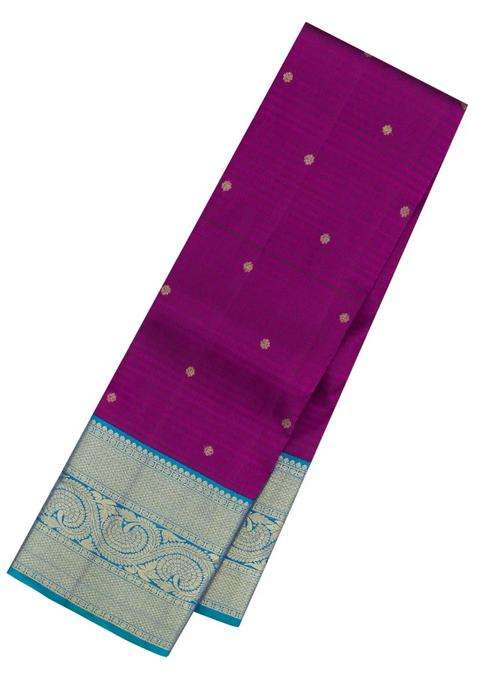 Dark Purple Handloom Korvai Kanchipuram Silk Saree With Stripes Buttas With Korvai And Temple Border Design For Women