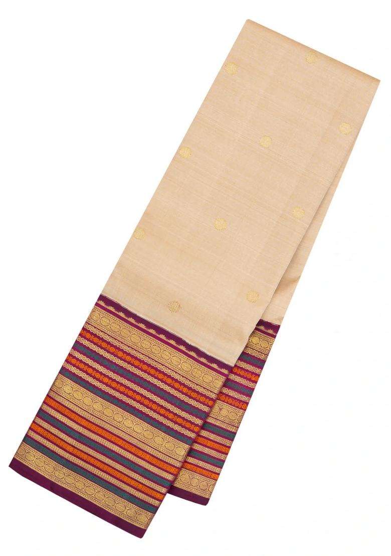 Cream Handloom Korvai Kanchipuram Silk Saree With Buttas With Korvai And Temple Border Design For Women - Indya