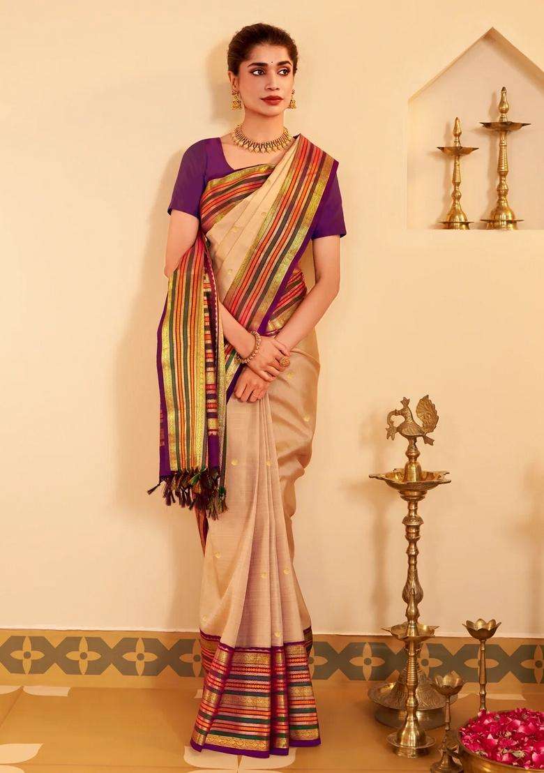 Cream Handloom Korvai Kanchipuram Silk Saree With Buttas With Korvai And Temple Border Design For Women - Indya