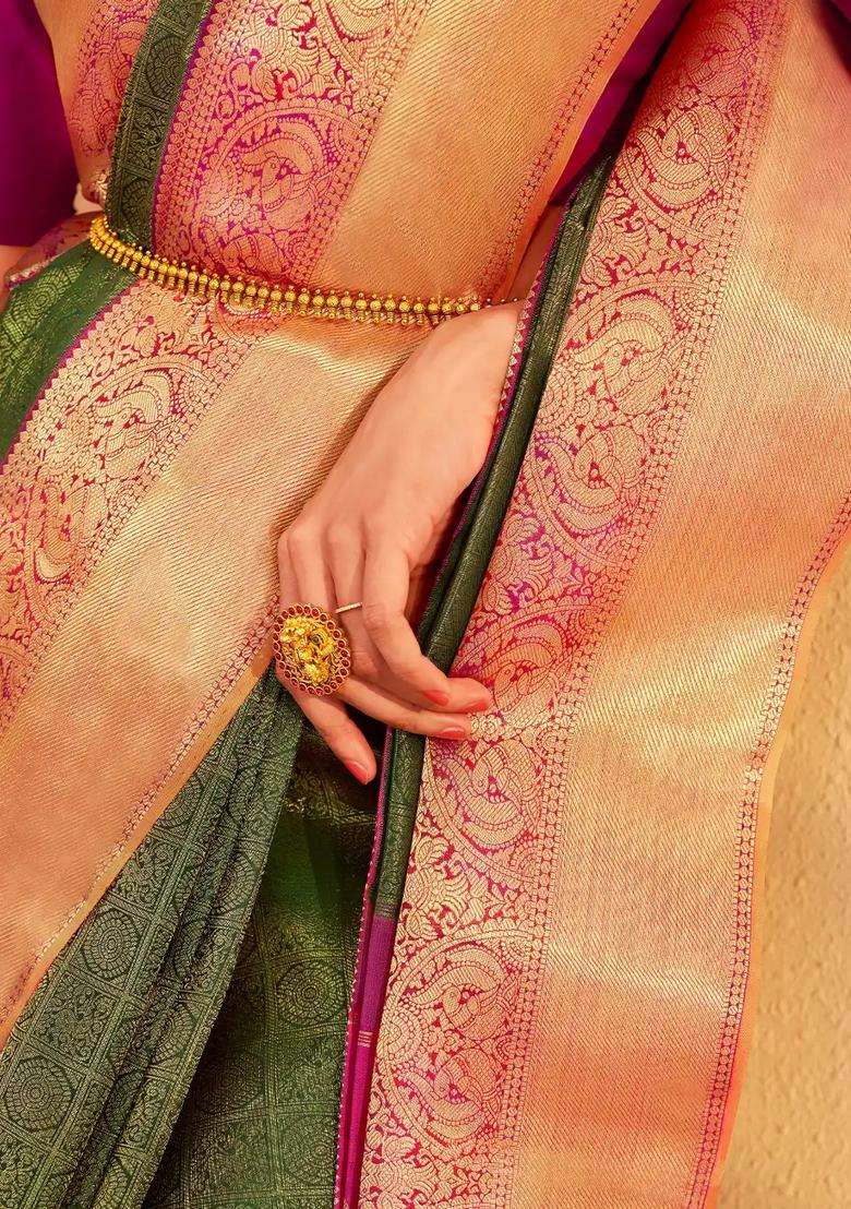 Dark Green Handloom Korvai Kanchipuram Silk Saree With Zari Motifs With Korvai And Temple Border Design For Women - Indya
