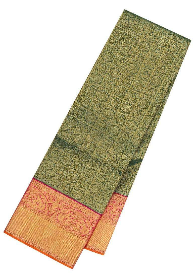 Dark Green Handloom Korvai Kanchipuram Silk Saree With Zari Motifs With Korvai And Temple Border Design For Women - Indya