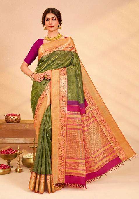 Dark Green Handloom Korvai Kanchipuram Silk Saree With Zari Motifs With Korvai And Temple Border Design For Women