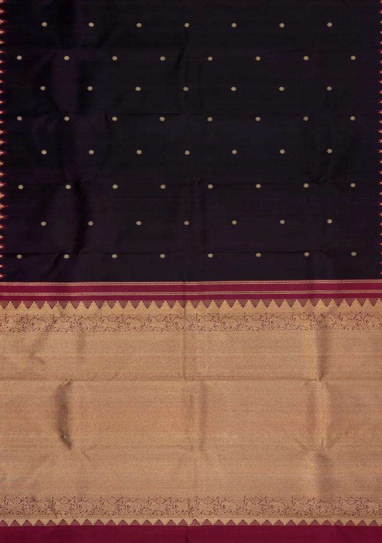 Black Handloom Korvai Kanchipuram Silk Saree With Buttas With Korvai And Temple Border Design For Women - Indya