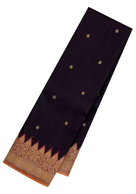 Black Handloom Korvai Kanchipuram Silk Saree With Buttas With Korvai And Temple Border Design For Women