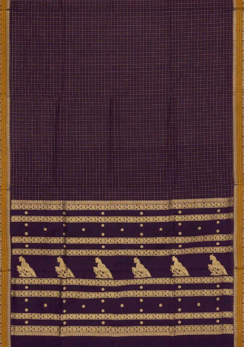 Dark Purple Handloom Silk Cotton Saree With Checks With Checks And Stripes Design For Women - Indya