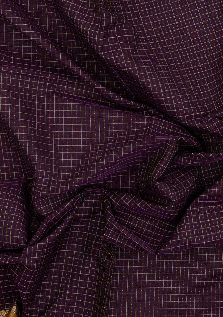 Dark Purple Handloom Silk Cotton Saree With Checks With Checks And Stripes Design For Women - Indya