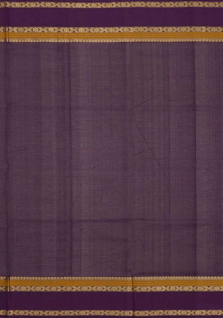 Dark Purple Handloom Silk Cotton Saree With Checks With Checks And Stripes Design For Women - Indya