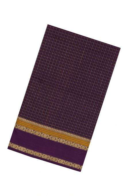 Dark Purple Handloom Silk Cotton Saree With Checks With Checks And Stripes Design For Women