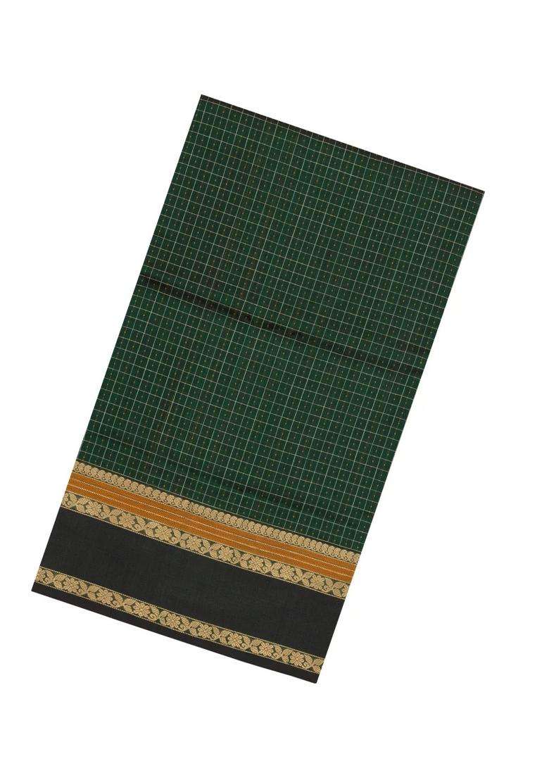 Bottle Green Handloom Silk Cotton Saree With Checks With Checks And Stripes Design For Women - Indya