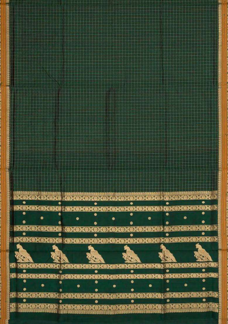 Bottle Green Handloom Silk Cotton Saree With Checks With Checks And Stripes Design For Women - Indya