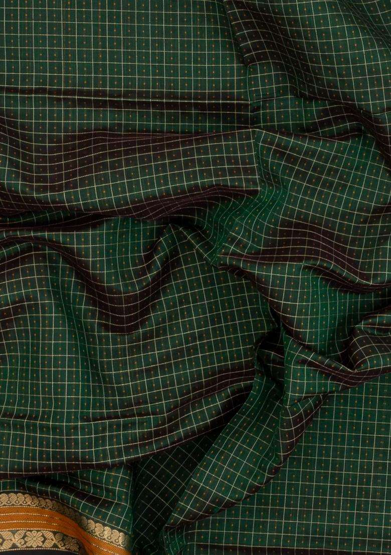 Bottle Green Handloom Silk Cotton Saree With Checks With Checks And Stripes Design For Women - Indya