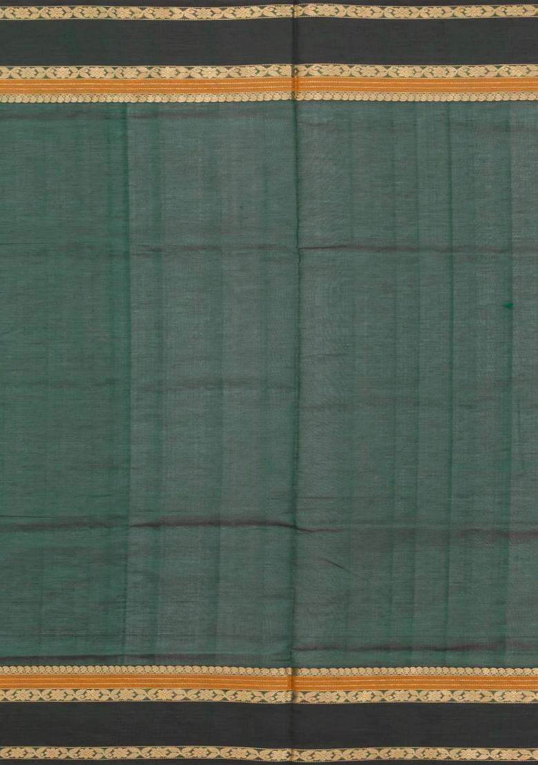 Bottle Green Handloom Silk Cotton Saree With Checks With Checks And Stripes Design For Women - Indya