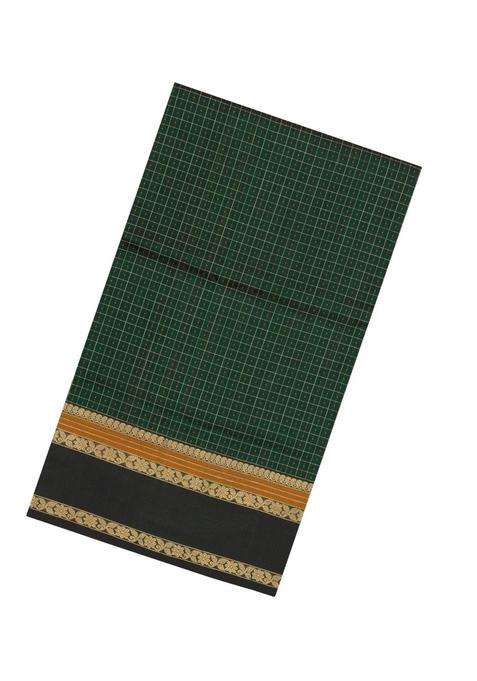 Bottle Green Handloom Silk Cotton Saree With Checks With Checks And Stripes Design For Women