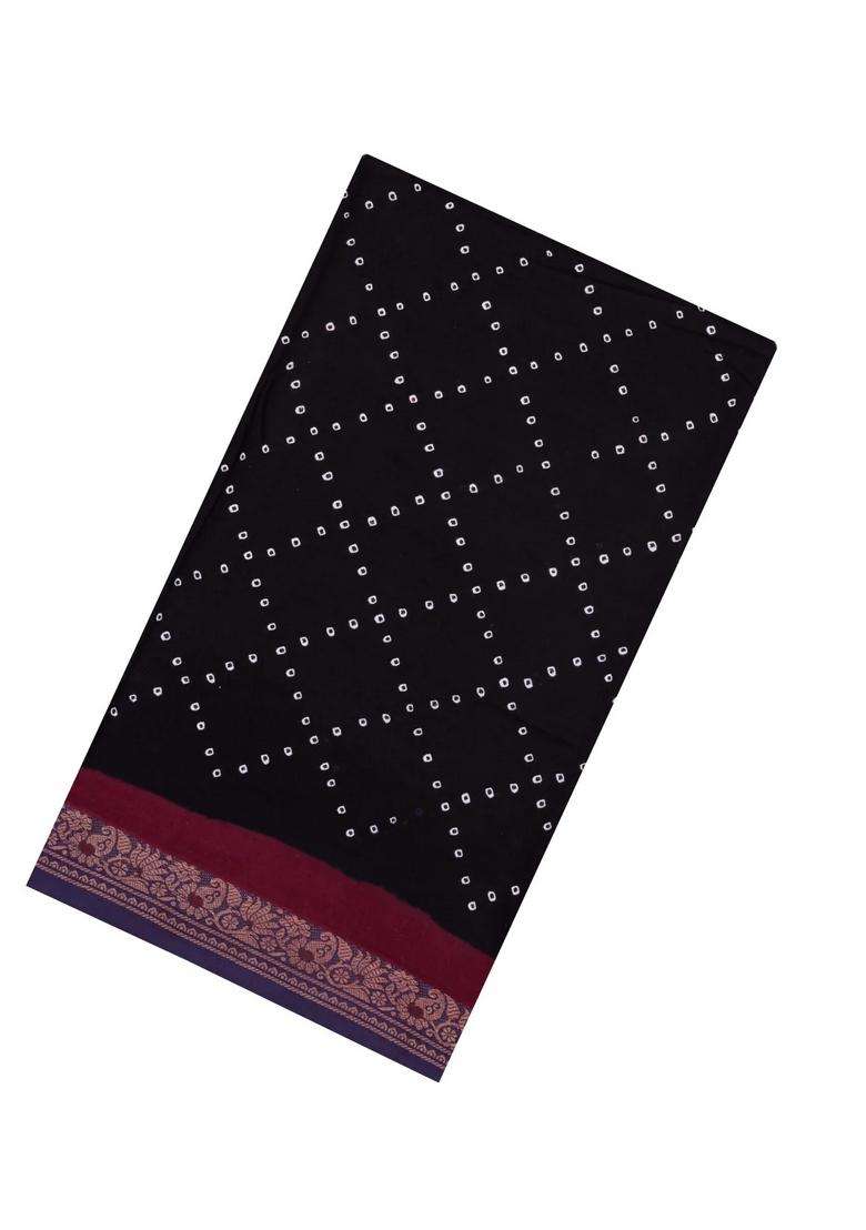 Black Handloom Sungudi Cotton Saree With Tie Dye Motifs With Printed Design For Women - Indya