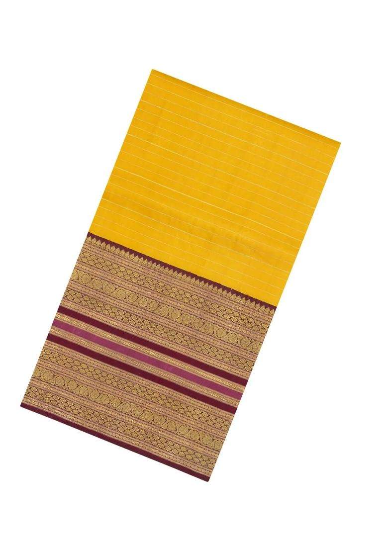 Yellow Handloom Korvai Kanchipuram Silk Saree With Veldhari Stripes With Korvai And Temple Border Design For Women - Indya