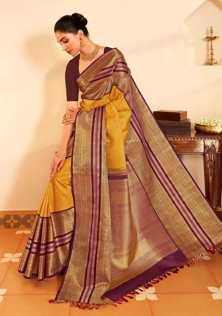 Yellow Handloom Korvai Kanchipuram Silk Saree With Veldhari Stripes With Korvai And Temple Border Design For Women - Indya