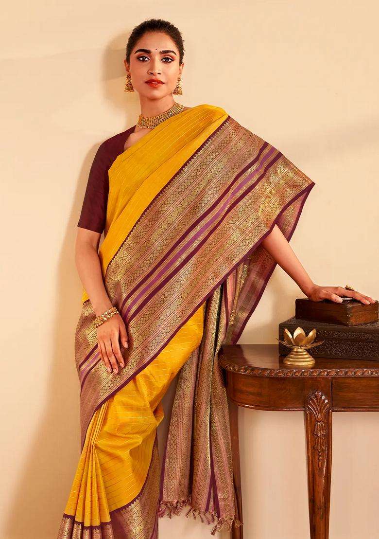 Yellow Handloom Korvai Kanchipuram Silk Saree With Veldhari Stripes With Korvai And Temple Border Design For Women - Indya
