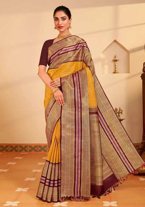 Yellow Handloom Korvai Kanchipuram Silk Saree With Veldhari Stripes With Korvai And Temple Border Design For Women