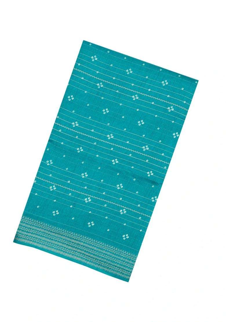 Cyan Printed Synthetic Dola Silk Saree With Zari Stripes For Women - Indya