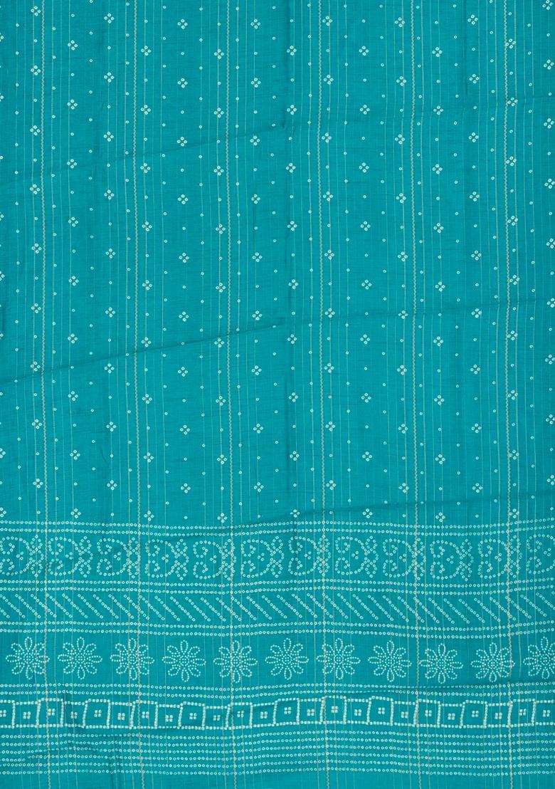 Cyan Printed Synthetic Dola Silk Saree With Zari Stripes For Women - Indya