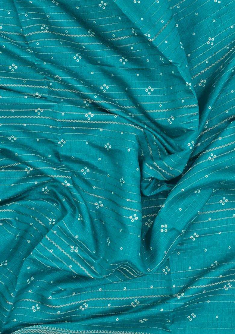 Cyan Printed Synthetic Dola Silk Saree With Zari Stripes For Women - Indya