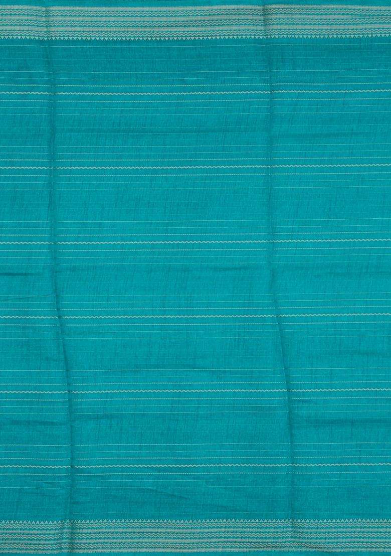 Cyan Printed Synthetic Dola Silk Saree With Zari Stripes For Women - Indya