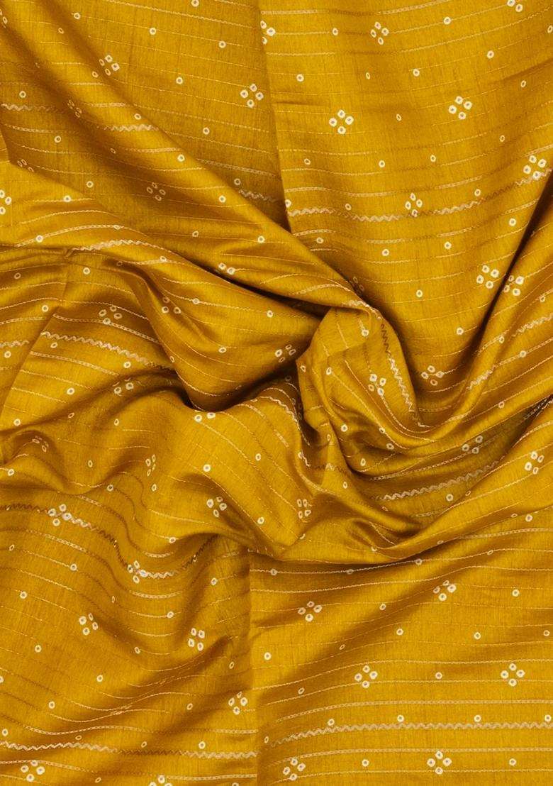 Mustard Printed Synthetic Dola Silk Saree With Zari Stripes For Women - Indya