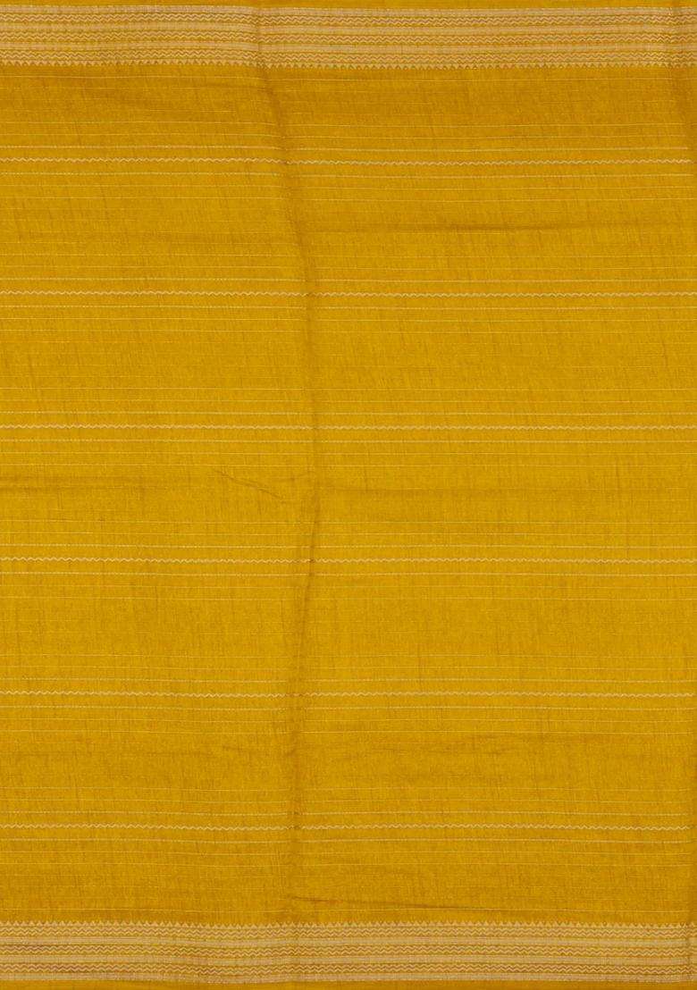 Mustard Printed Synthetic Dola Silk Saree With Zari Stripes For Women - Indya