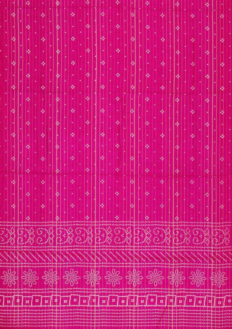 Hot Pink Printed Synthetic Dola Silk Saree With Zari Stripes For Women - Indya