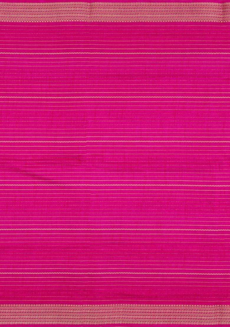 Hot Pink Printed Synthetic Dola Silk Saree With Zari Stripes For Women - Indya