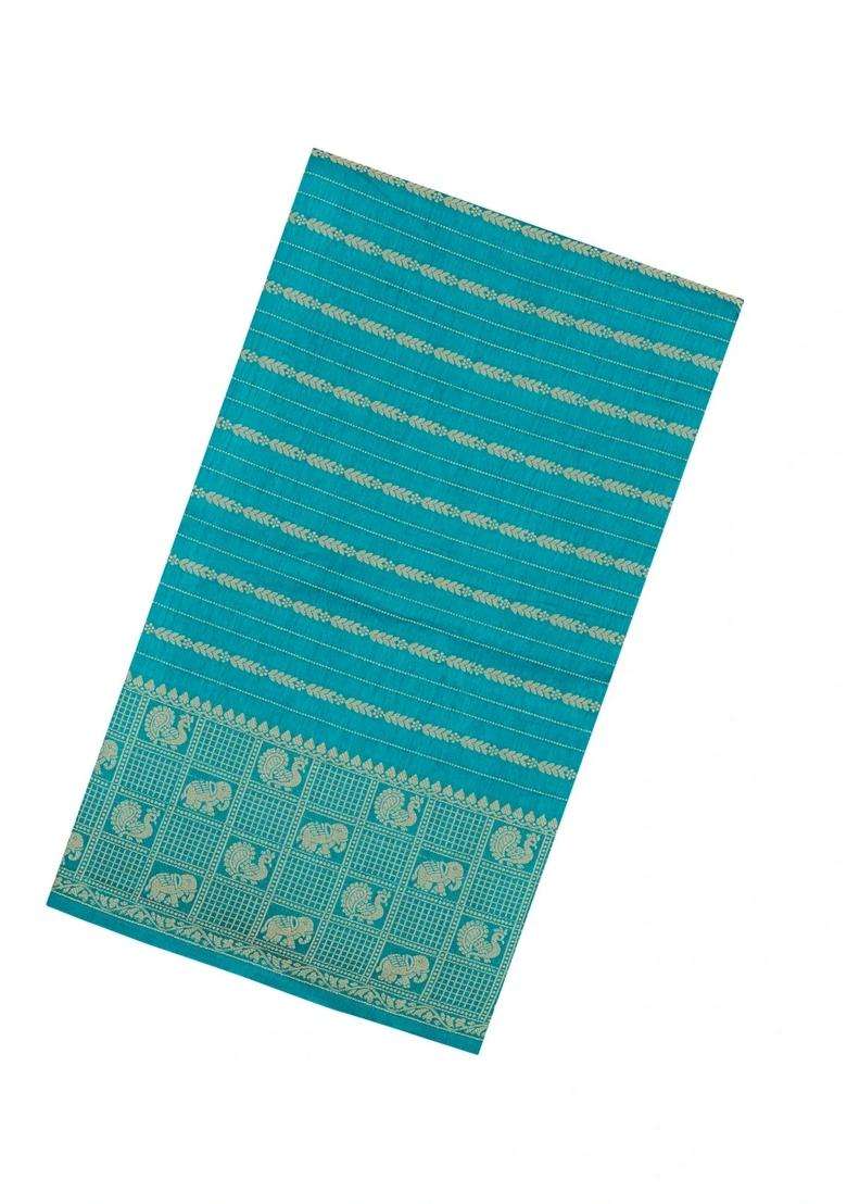 Cyan Woven Synthetic Dola Silk Saree With Zari Stripes With Checks And Stripes Design For Women - Indya