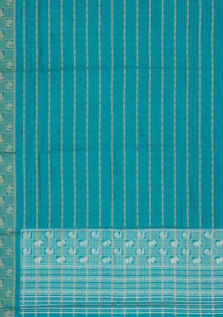Cyan Woven Synthetic Dola Silk Saree With Zari Stripes With Checks And Stripes Design For Women - Indya