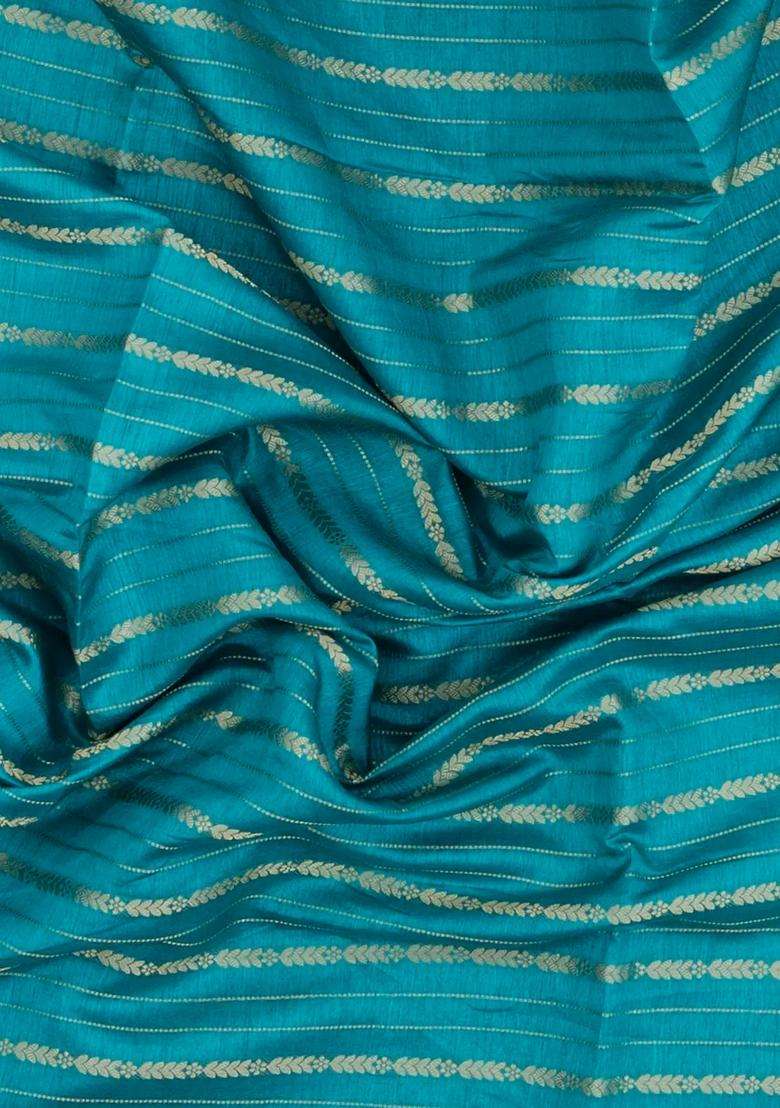 Cyan Woven Synthetic Dola Silk Saree With Zari Stripes With Checks And Stripes Design For Women - Indya