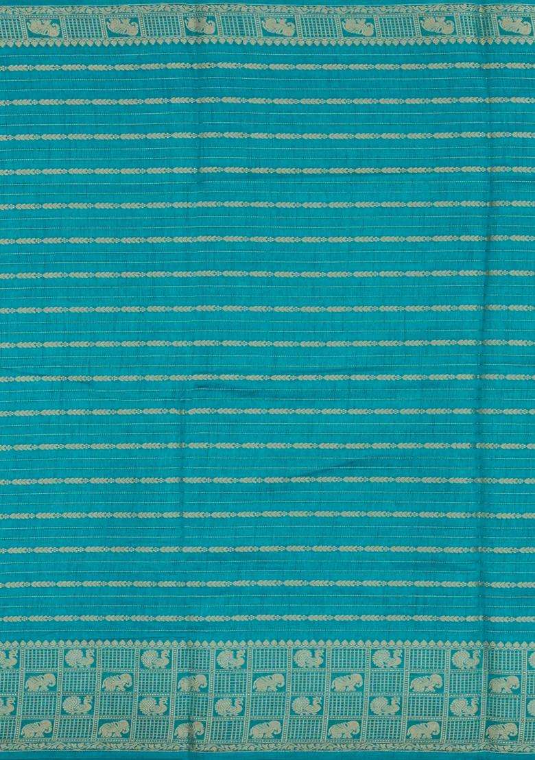 Cyan Woven Synthetic Dola Silk Saree With Zari Stripes With Checks And Stripes Design For Women - Indya