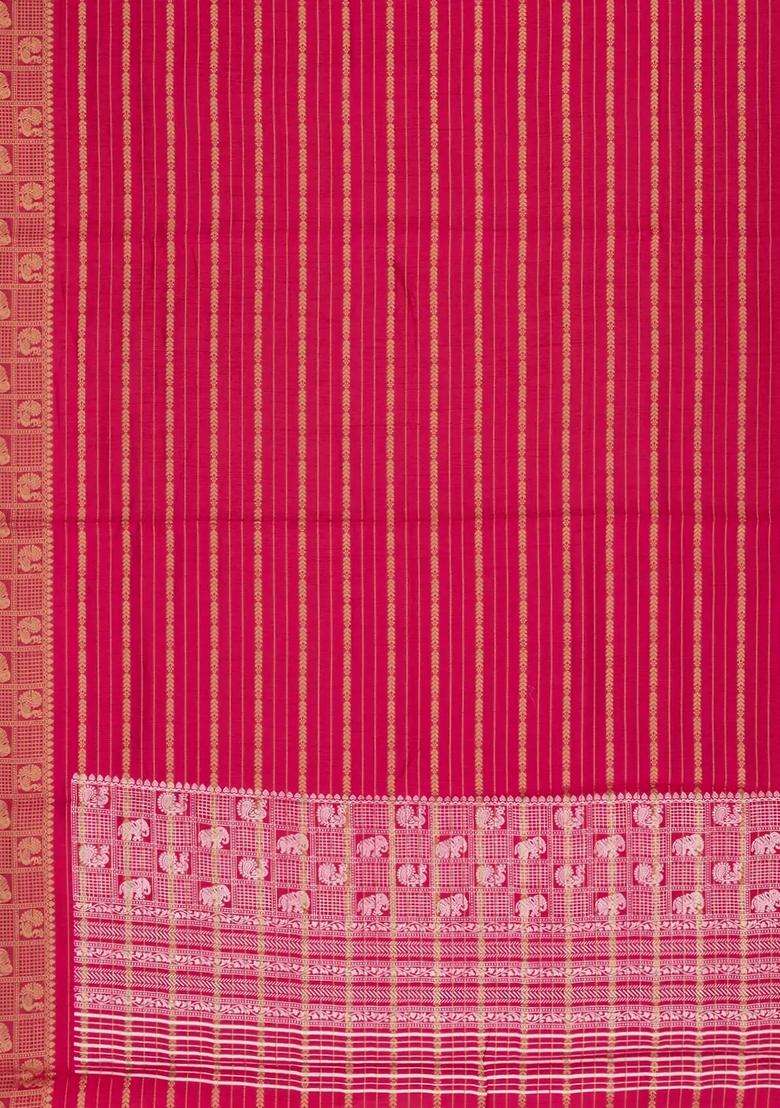 Red Woven Synthetic Dola Silk Saree With Zari Stripes With Checks And Stripes Design For Women - Indya