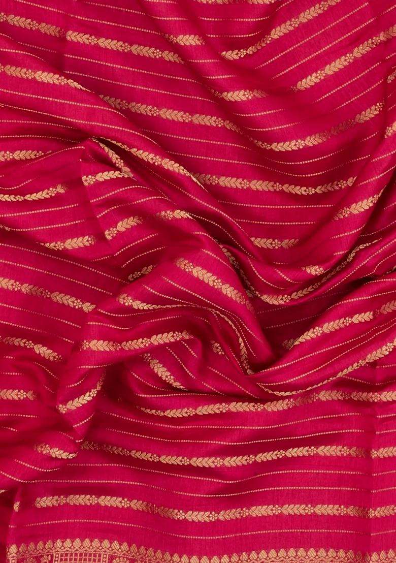 Red Woven Synthetic Dola Silk Saree With Zari Stripes With Checks And Stripes Design For Women - Indya