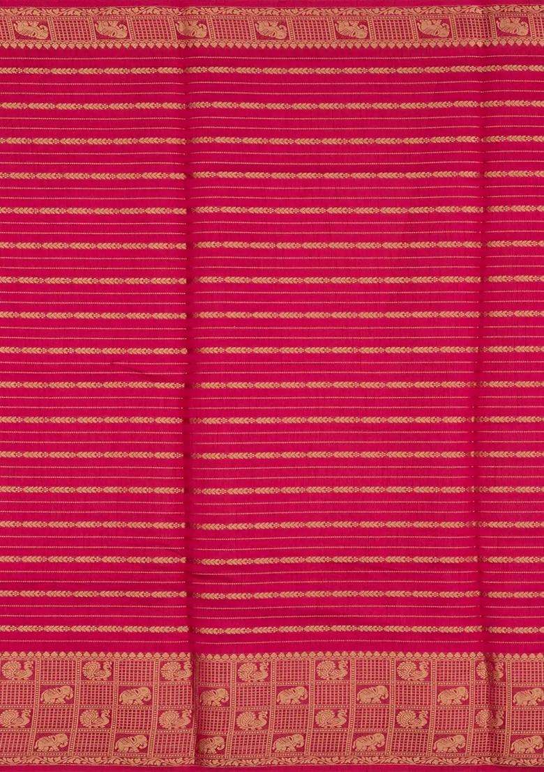 Red Woven Synthetic Dola Silk Saree With Zari Stripes With Checks And Stripes Design For Women - Indya