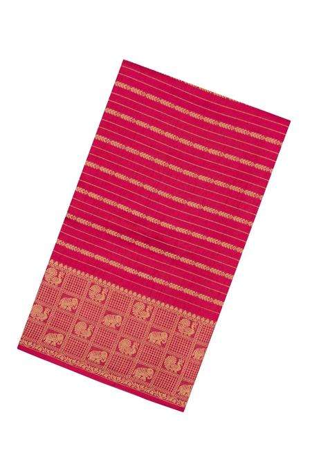 Red Woven Synthetic Dola Silk Saree With Zari Stripes With Checks And Stripes Design For Women