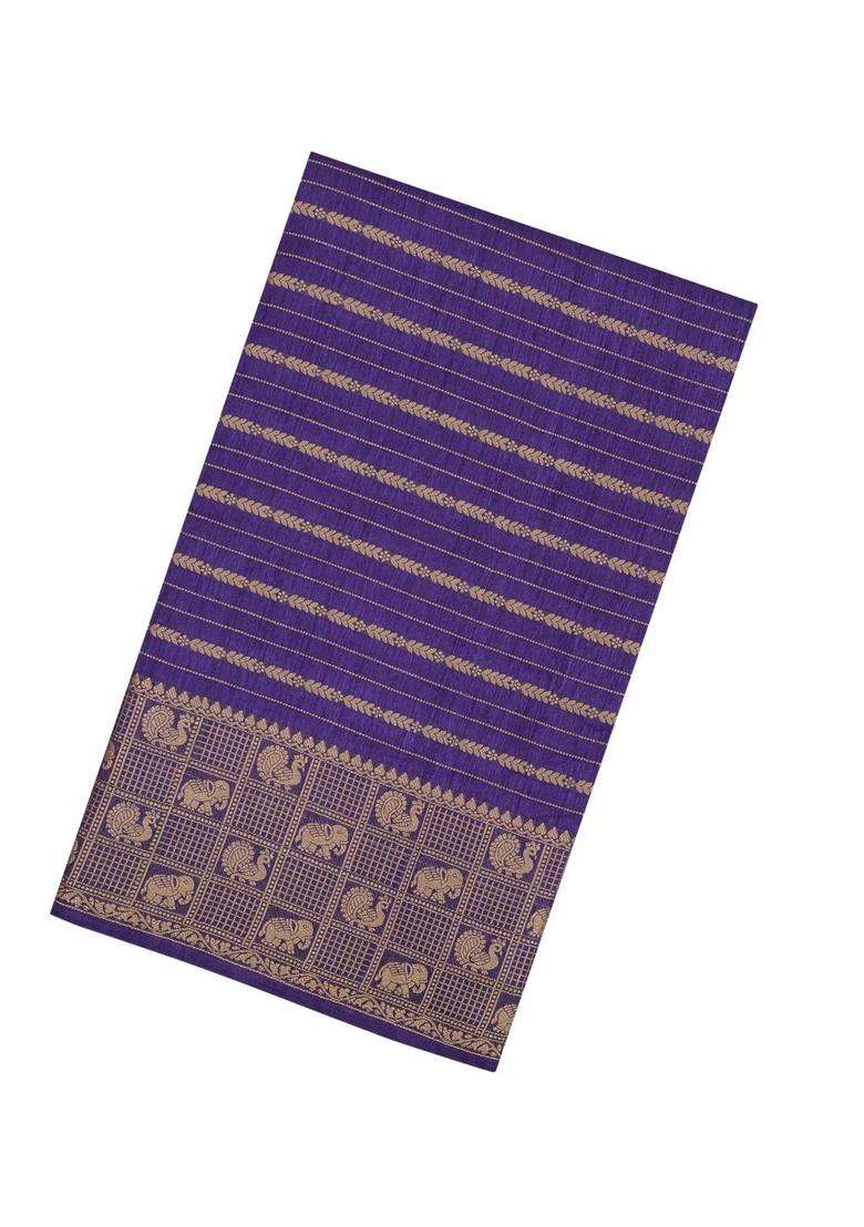 Purple Woven Synthetic Dola Silk Saree With Zari Stripes With Checks And Stripes Design For Women - Indya