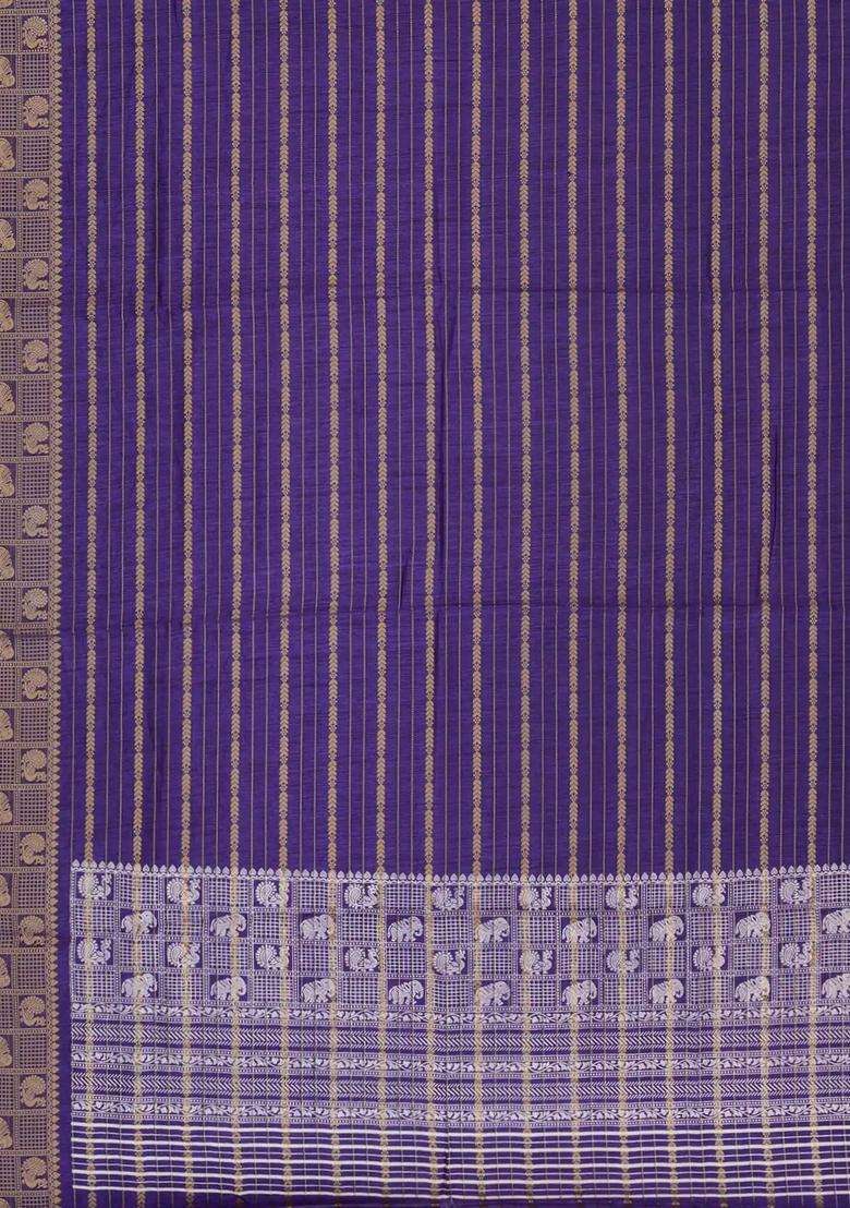 Purple Woven Synthetic Dola Silk Saree With Zari Stripes With Checks And Stripes Design For Women - Indya