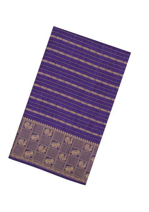 Purple Woven Synthetic Dola Silk Saree With Zari Stripes With Checks And Stripes Design For Women