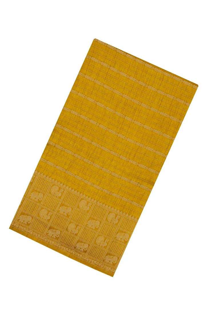Mustard Woven Synthetic Dola Silk Saree With Zari Stripes With Checks And Stripes Design For Women - Indya
