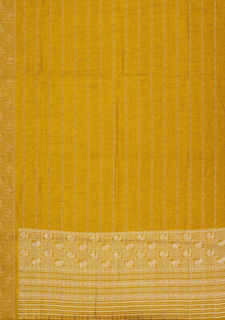 Mustard Woven Synthetic Dola Silk Saree With Zari Stripes With Checks And Stripes Design For Women - Indya