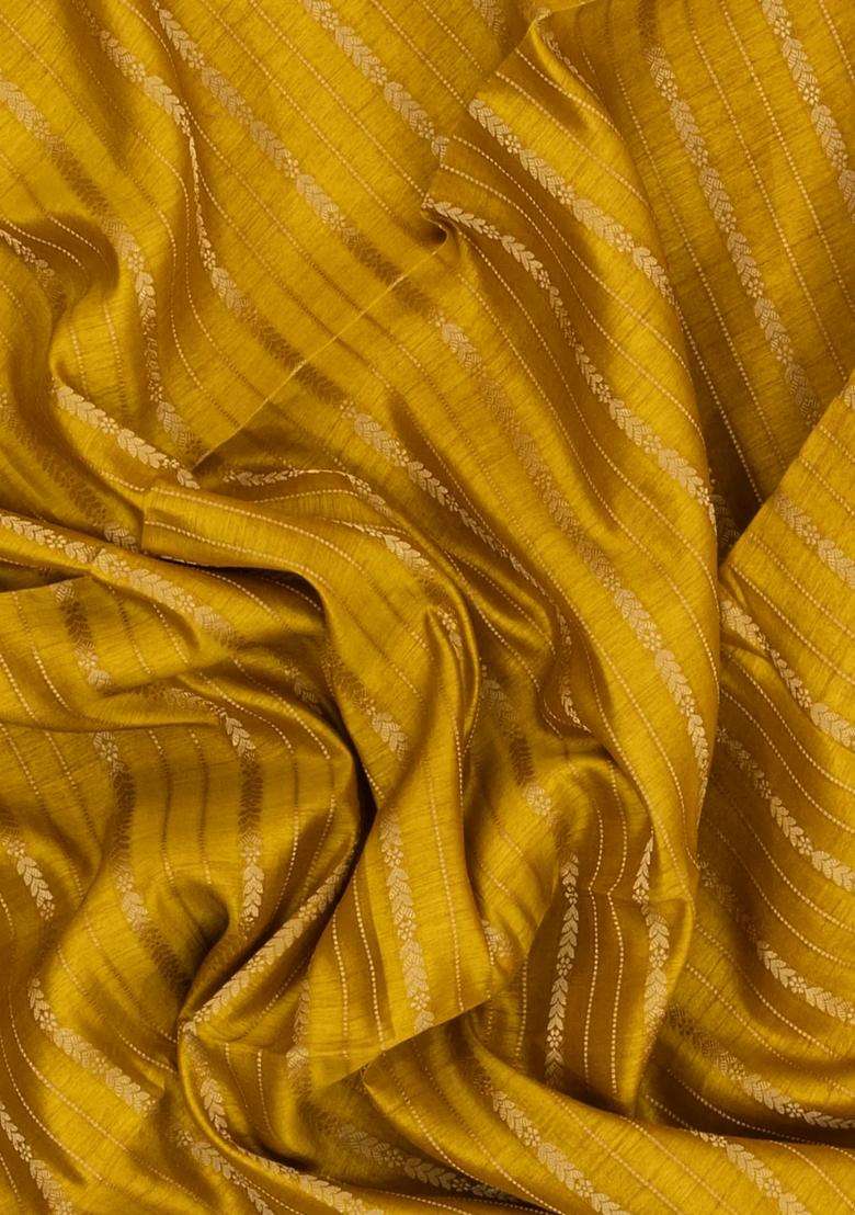 Mustard Woven Synthetic Dola Silk Saree With Zari Stripes With Checks And Stripes Design For Women - Indya