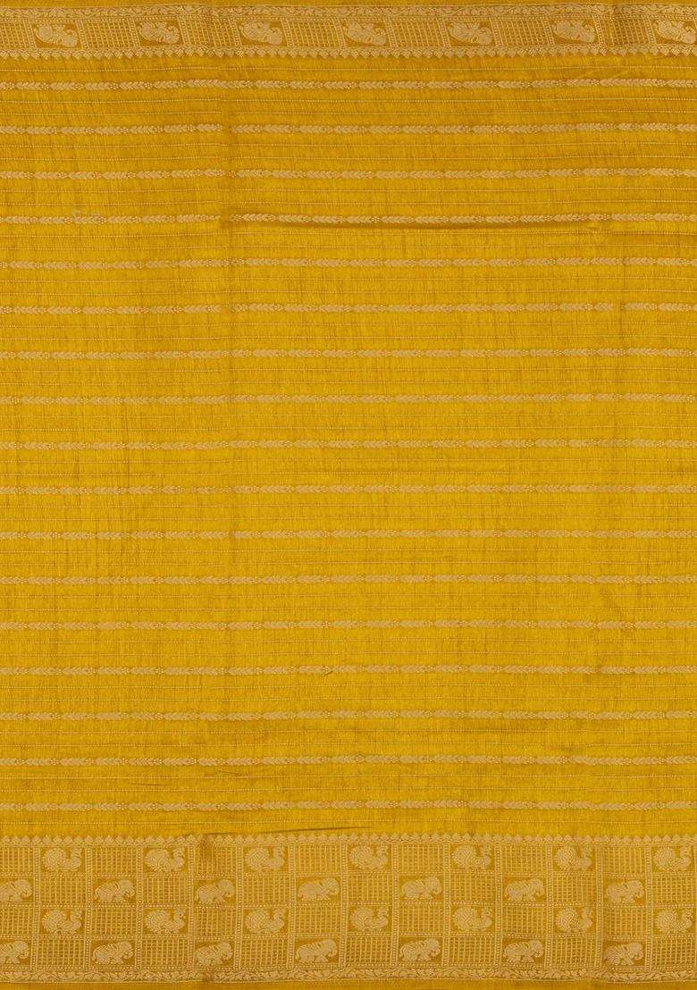 Mustard Woven Synthetic Dola Silk Saree With Zari Stripes With Checks And Stripes Design For Women - Indya
