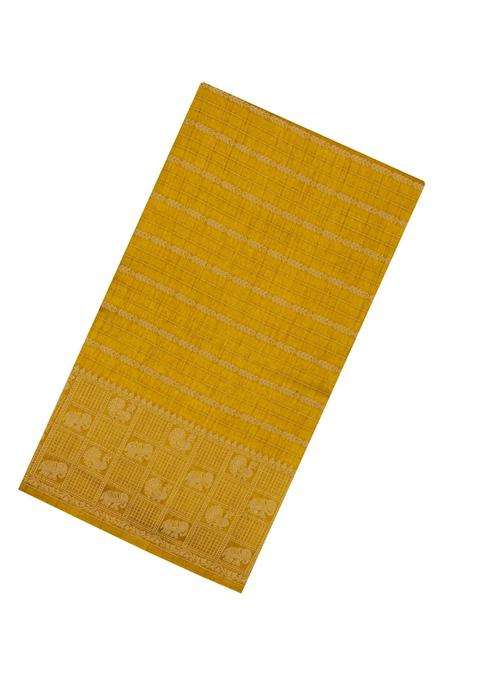 Mustard Woven Synthetic Dola Silk Saree With Zari Stripes With Checks And Stripes Design For Women