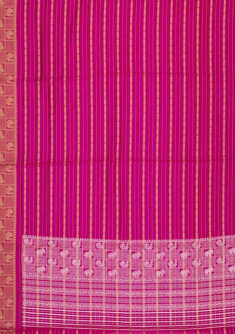 Hot Pink Woven Synthetic Dola Silk Saree With Zari Stripes With Checks And Stripes Design For Women - Indya