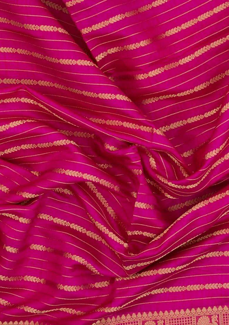 Hot Pink Woven Synthetic Dola Silk Saree With Zari Stripes With Checks And Stripes Design For Women - Indya