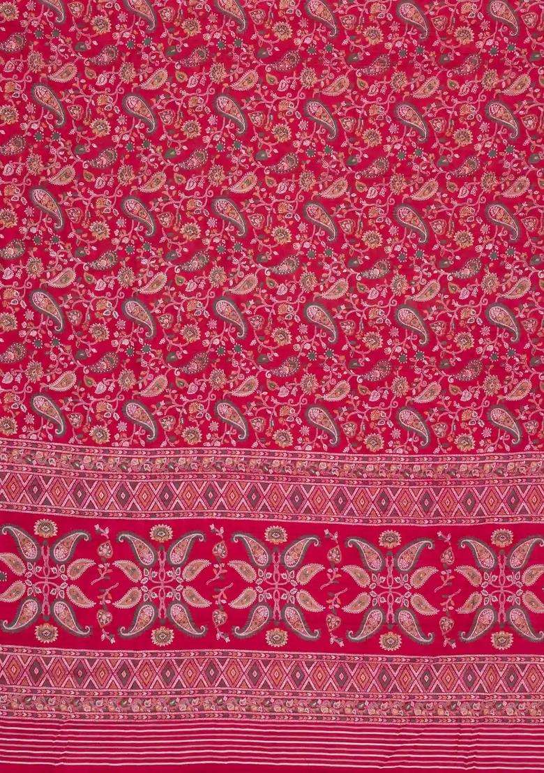 Red Printed Synthetic Dola Silk Saree With Zari Border For Women - Indya